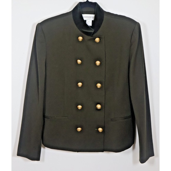 Jones New York Blazer Size 12 Fitted Military Army Green Wool Mandarin Collar